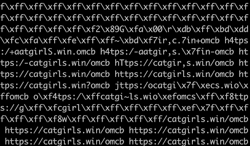 raw binary data from the OMCB database. The url 'https://catgirls.win/omcb' repeatedly shows up