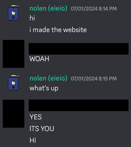 Discord chat logs. Nolen says 'hi, i made the website.' Someone else says 'WHOA, YES, ITS YOU'