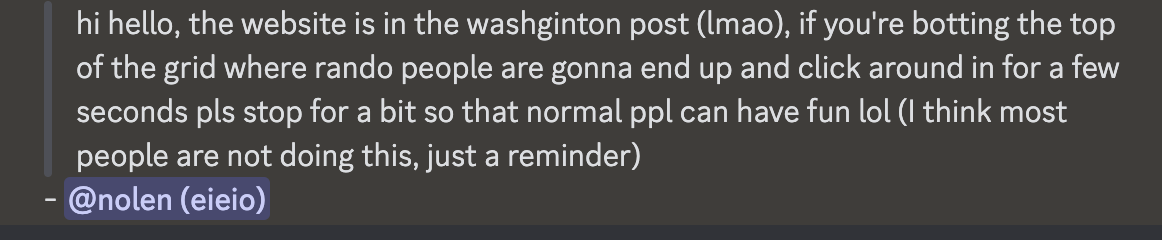 A message from me asking for folks to tone down botting because OMCB is in the Washington Post