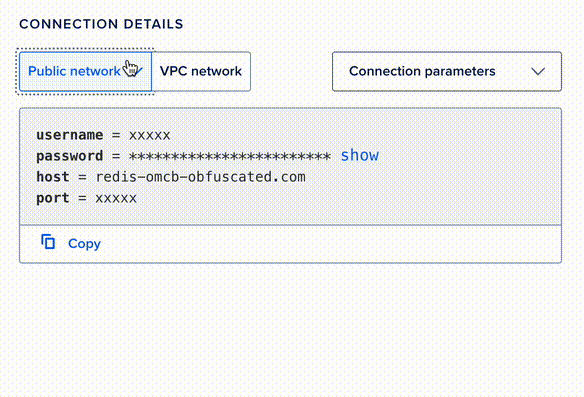 Obfuscated connection details for the OMCB redis instance. Selecting 'VPC network' gives a DNS entry with the 'private' prefix