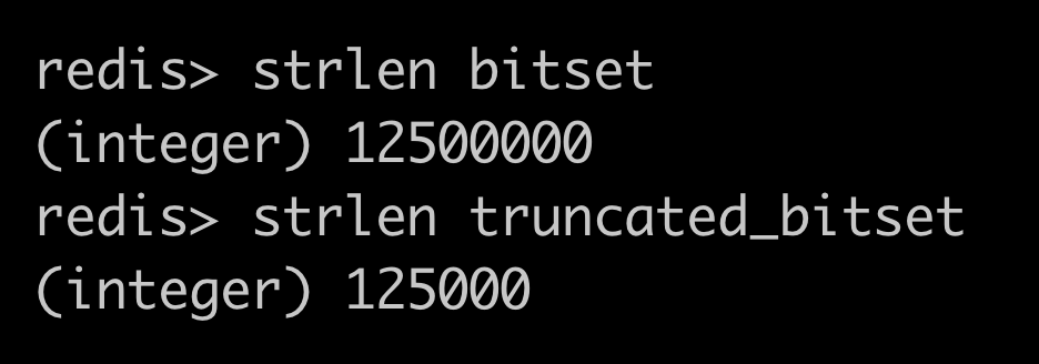 The size of the old bitset and new bitset in redis. The old bitset has 12500000 bytes; the new one has 125000