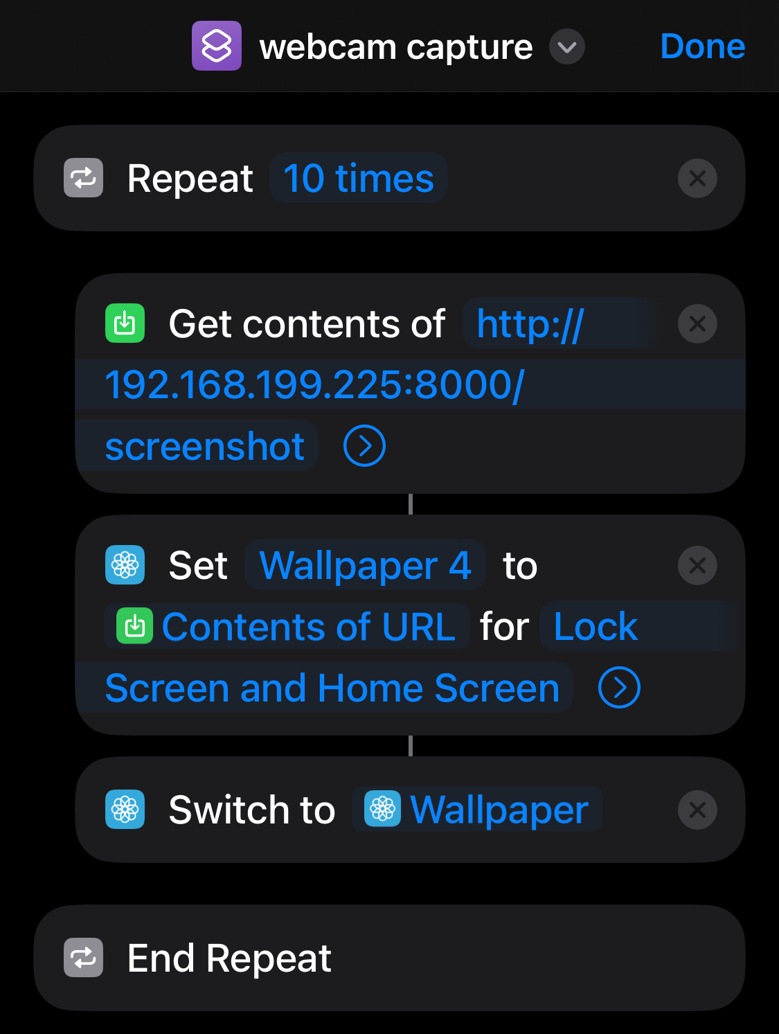 code for the webcam shortcut; it runs a for loop that hits a URL and sets the image that it returns to the lockscreen background