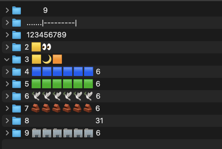 A screenshot of Finder showing a directory with a emojis and some other characters in filenames. The characters are of different widths but the emojis are all the same width.