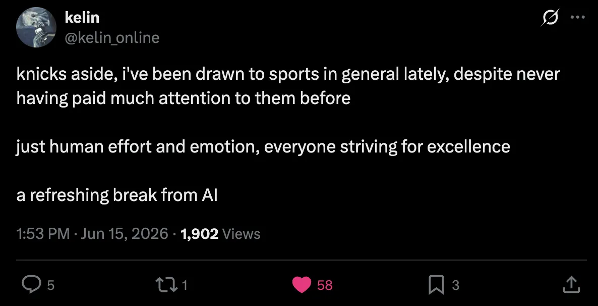 tweet from kelin_online. It says: 'knicks aside, i've been drawn to sports in general lately, despite never having paid much attention to them before
just human effort and emotion, everyone striving for excellence
a refreshing break from AI'