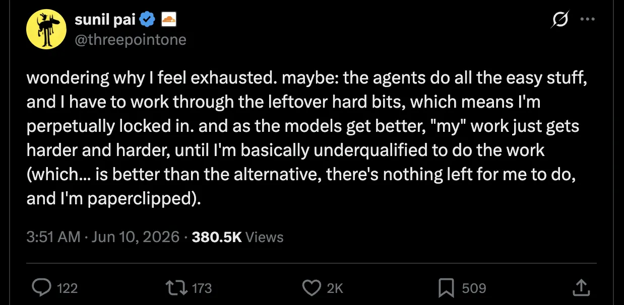 tweet from sunil pai. Full text: wondering why I feel exhausted. maybe: the agents do all the easy stuff, and I have to work through the leftover hard bits, which means I'm perpetually locked in. and as the models get better, 'my' work just gets harder and harder, until I'm basically underqualified to do the work (which... is better than the alternative, there's nothing left for me to do, and I'm paperclipped).