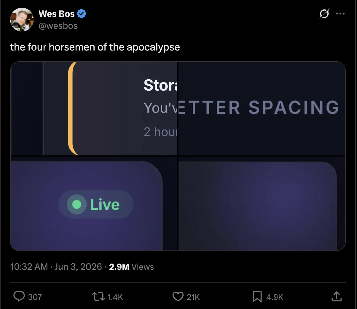 A tweet from Wes Bos that says 'the four horsemen of the apocalypse' with 4 pictures of website UI. One is a 'fingernail' of color on the left side of a div, another is small spaced-out capital letters for labels, the third is a series of nested circles next to the text 'live', and the fourth is a purple-black gradient