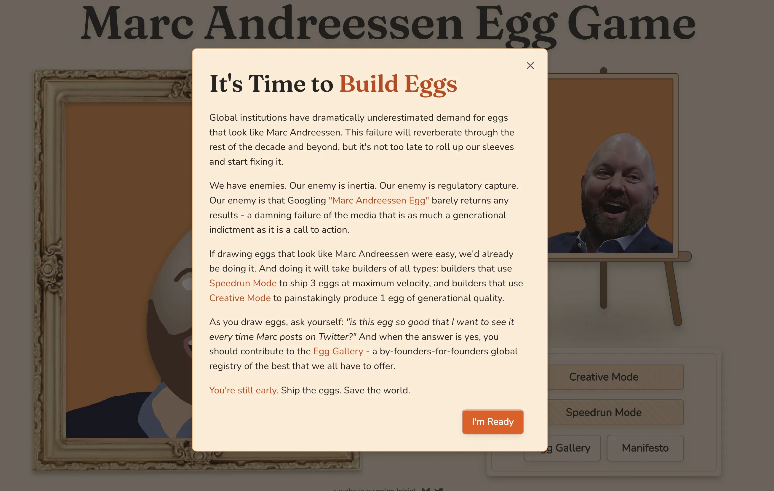 The Marc Andreessen Egg Game manifesto. The full text is below so I'm not going to also add it to the image here.