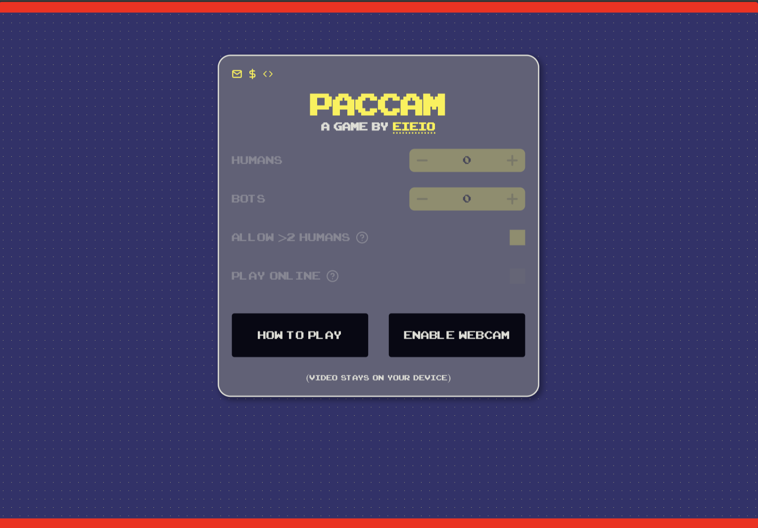 The paccam interface. Red bars at the top and bottom of the screen show how the game letterboxes the playfield to make the height a round number of slots.