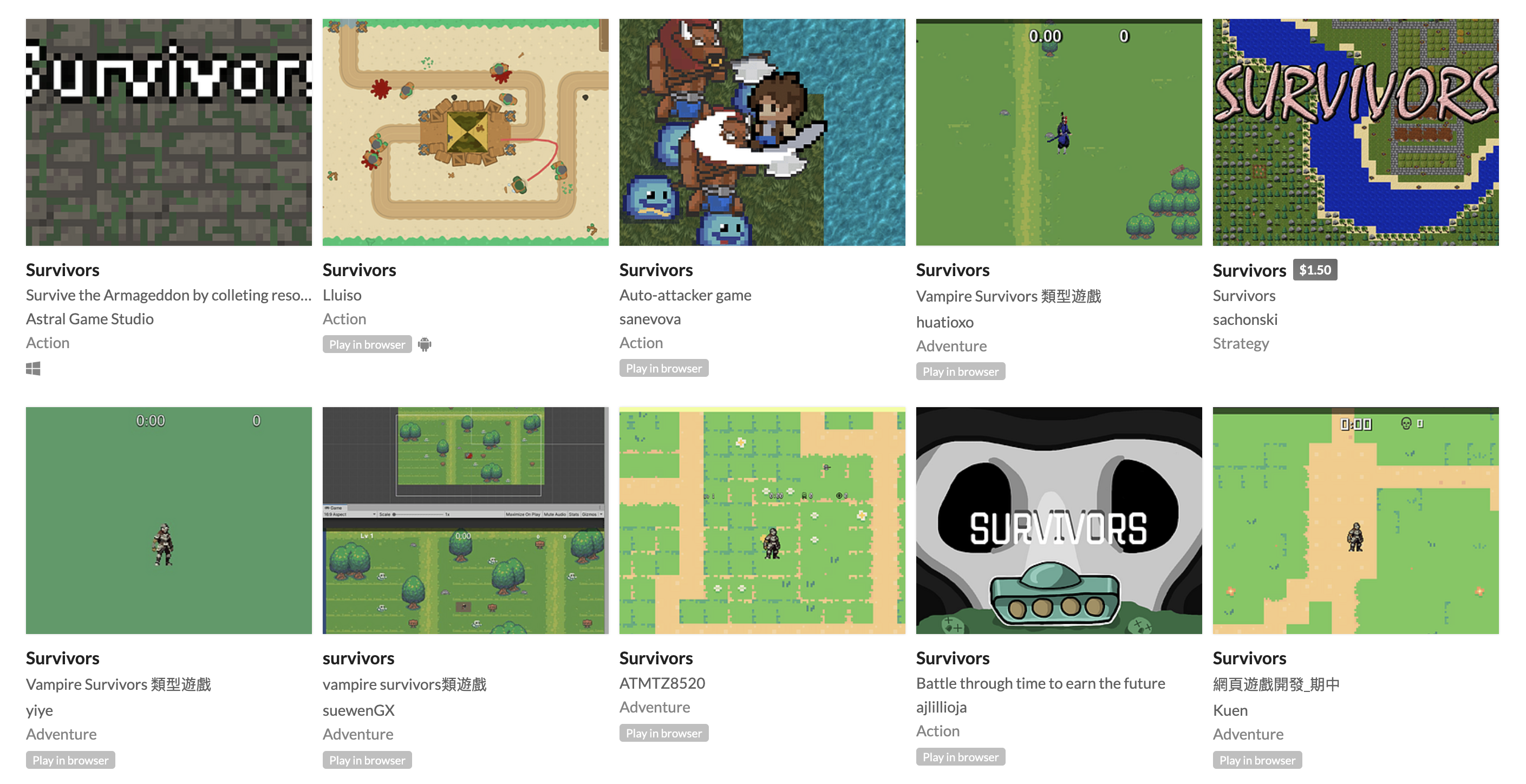 A screenshot of itch.io. 8 games are visible. All are called 'Survivors'