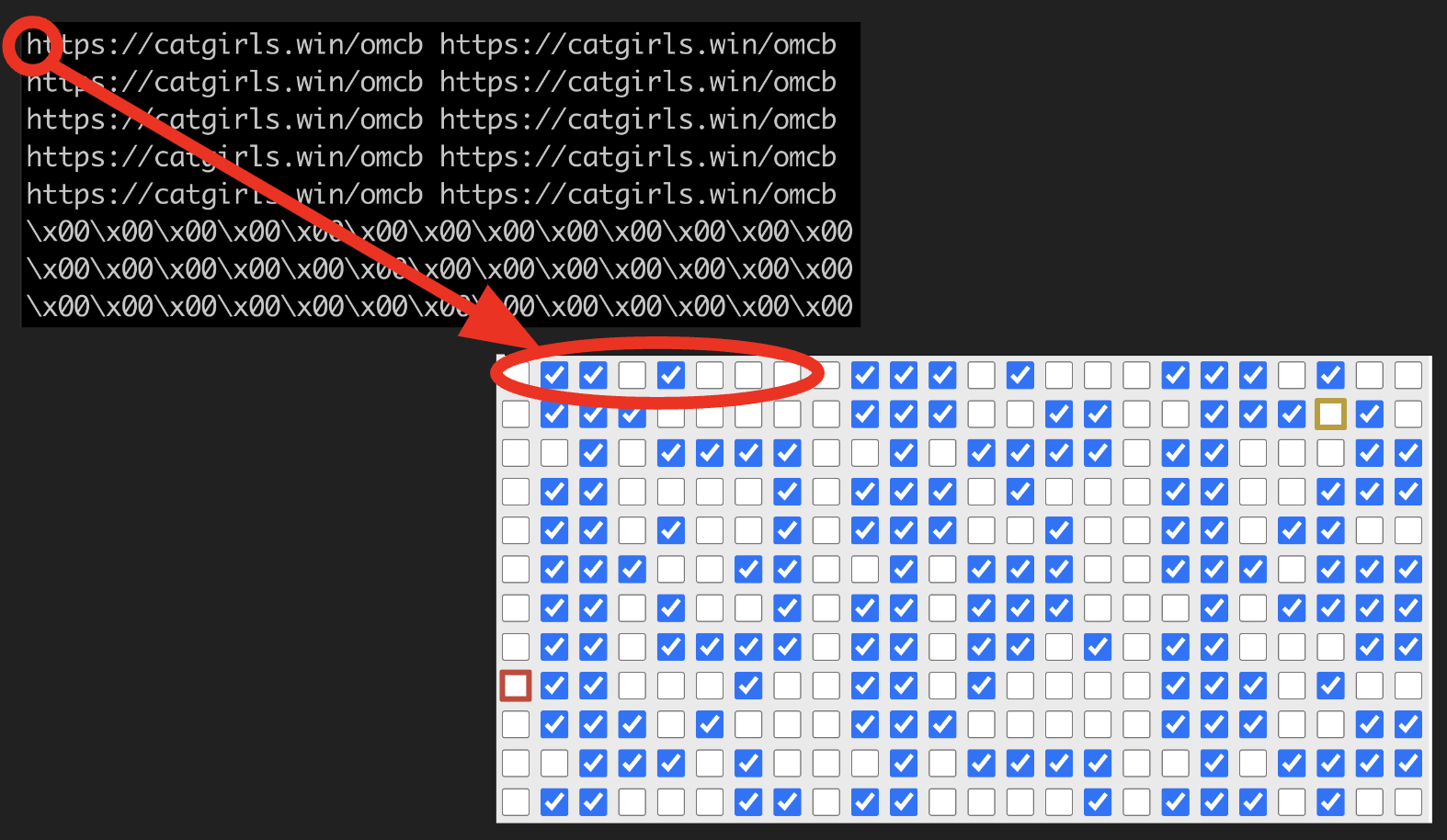 An arrow pointing from the 'h' in https://catgirls.win/omcb to the 8 checkboxes on the website that comprise the byte that represents that h